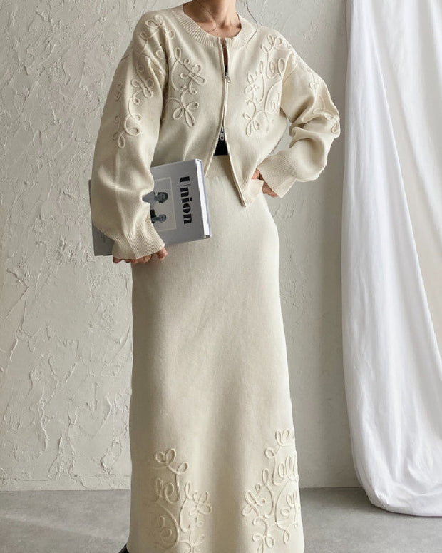 3色展開 セットアップ レディース 手工盤花 ニットカーディガン＋ロングスカート 2点セット 長袖 フェミニン エレガント おしゃれ 体型カバー デイリー 通勤 春秋冬 ID1444