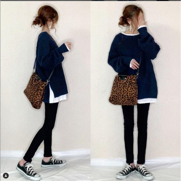 異素材切り替え ニットトップス レディース 長袖 セーター ゆったり シンプル 体型カバー 重ね着風 カジュアル おしゃれ きれいめ 秋冬 新作 ID1922