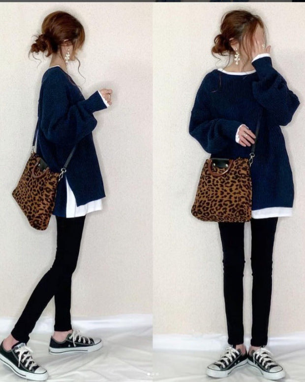 異素材切り替え ニットトップス レディース 長袖 セーター ゆったり シンプル 体型カバー 重ね着風 カジュアル おしゃれ きれいめ 秋冬 新作 ID1922