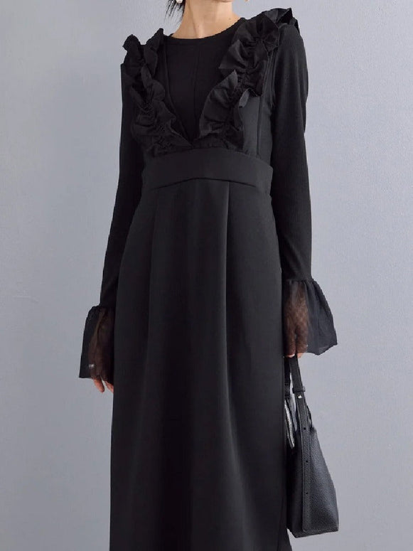 2色展開 フリル 肩紐 ジャンパースカート レディース ロング丈 サロペット ワンピース 上品 きれいめ 大人可愛い 重ね着風 通勤 デート 秋冬 新作 ID1980