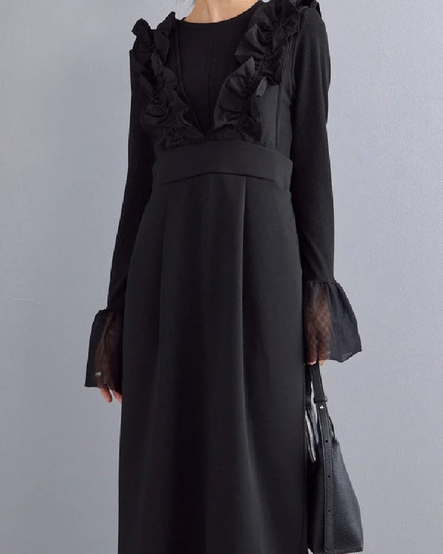 2色展開 フリル 肩紐 ジャンパースカート レディース ロング丈 サロペット ワンピース 上品 きれいめ 大人可愛い 重ね着風 通勤 デート 秋冬 新作 ID1980