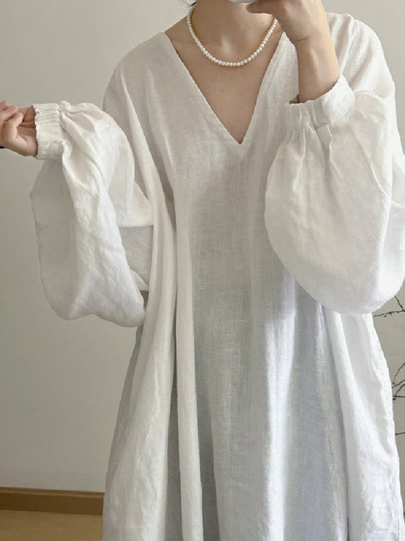 ボヘミアン風 リラックス 合わせやすい ワンピース 綿麻素材 深Vネック 広袖デザイン マキシワンピース ノスタルジック ゆったり シルエット 大人 カジュアル ID1212