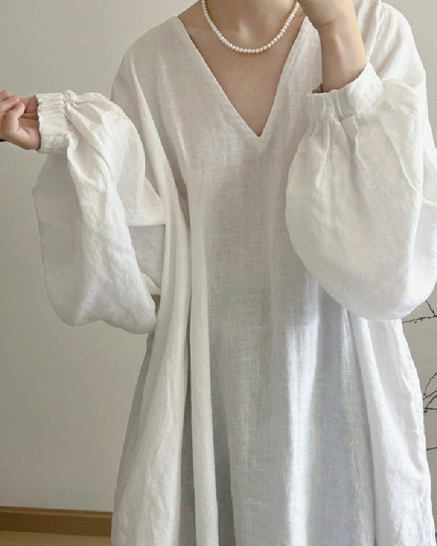 ボヘミアン風 リラックス 合わせやすい ワンピース 綿麻素材 深Vネック 広袖デザイン マキシワンピース ノスタルジック ゆったり シルエット 大人 カジュアル ID1212