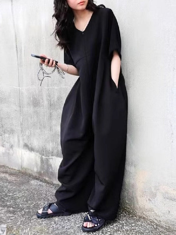 合わせやすい オールインワン サロペットパンツ Vネック ゆったり ワイドレッグ 涼感素材 インスタ映え カジュアル 春 夏 秋 ID1169