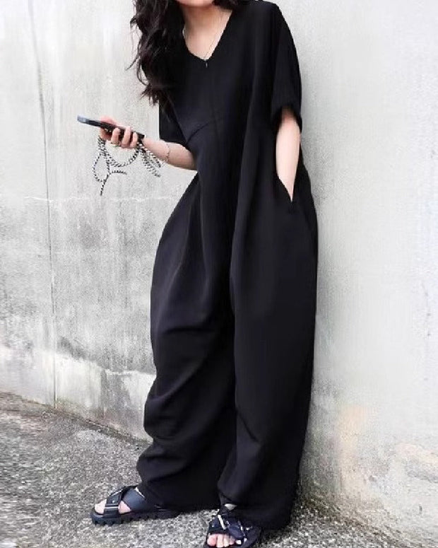 合わせやすい オールインワン サロペットパンツ Vネック ゆったり ワイドレッグ 涼感素材 インスタ映え カジュアル 春 夏 秋 ID1169