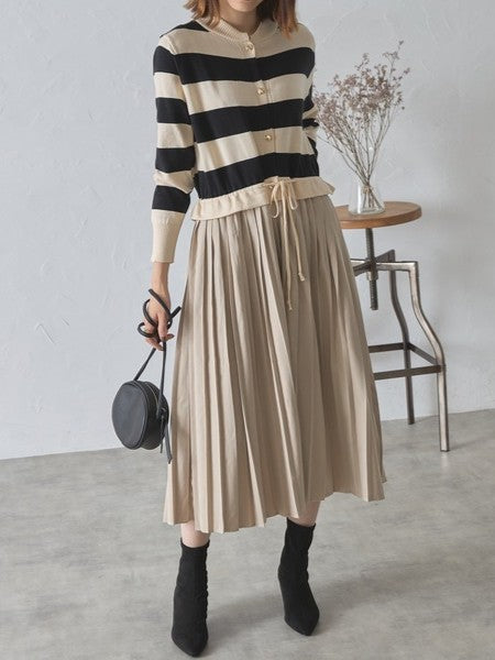 ボーダー ニット ドッキングプリーツ ワンピース 異素材切替 ニットワンピース レディース ウエストドローストリング シフォンプリーツ 長袖 ストライプ柄 上品 きれいめ 体型カバー 大人可愛い 通勤 オフィスカジュアル 秋冬 新作 ID2000