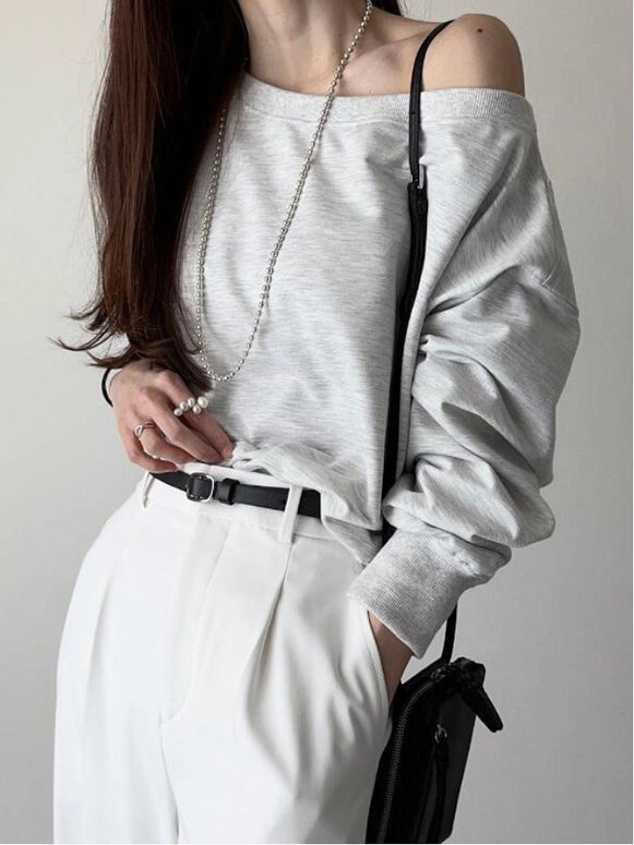 オフショルダー スウェット レディース 短丈 トップス 春秋 カジュアル きれいめ 大人女子 体型カバー 通勤 通学 お出かけ デート 韓国風 おしゃれ 人気 ID1497