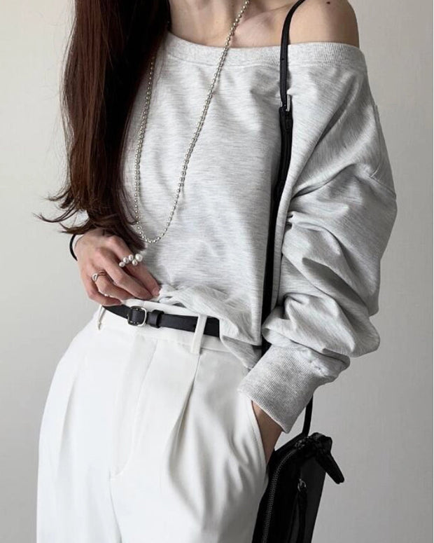 オフショルダー スウェット レディース 短丈 トップス 春秋 カジュアル きれいめ 大人女子 体型カバー 通勤 通学 お出かけ デート 韓国風 おしゃれ 人気 ID1497