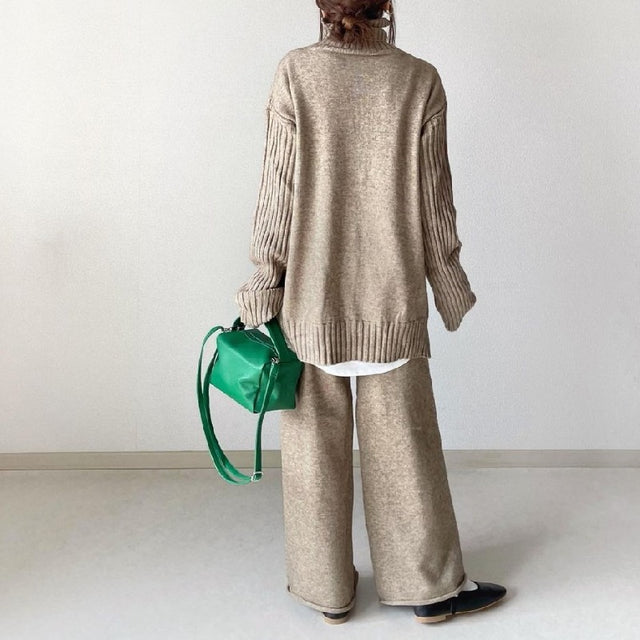 「今だけ特価」ニット セットアップ レディース ハイネック トップス + ワイドパンツ 2点セット ゆったり 体型カバー 大人カジュアル 通勤 秋冬 新作 ID2144