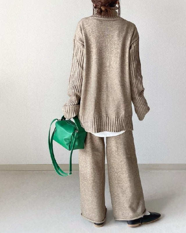 「今だけ特価」ニット セットアップ レディース ハイネック トップス + ワイドパンツ 2点セット ゆったり 体型カバー 大人カジュアル 通勤 秋冬 新作 ID2144
