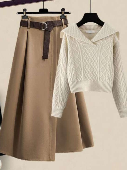 2点セット ケーブルニット + フレアスカート レディース 上下セット セットアップ 体型カバー 上品 フェミニン 通勤 通学 デート 秋冬 コーデ完成 おしゃれ 楽ちん 大人可愛い ID2217