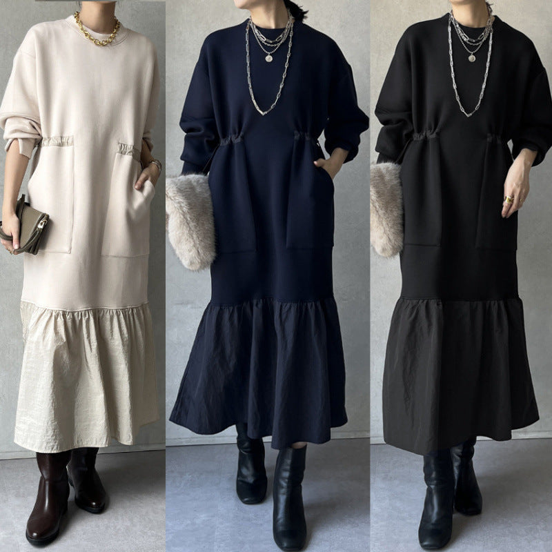 「今年最後の大チャンス」レイヤード風 ワンピース ゆったり シンプル 体型カバー 異素材切り替え ロング丈 大人カジュアル 秋冬 レディース ワンピース ID2245