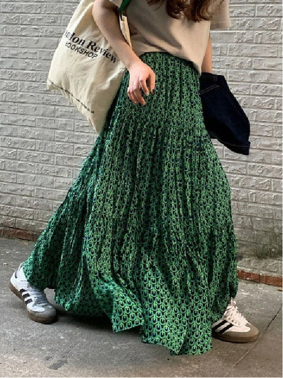 花柄 ロングスカート レディース フレアスカート ウエストゴム ゆったり 着痩せ効果 春夏秋 マキシ丈 大人可愛い カジュアル 緑 ID1182