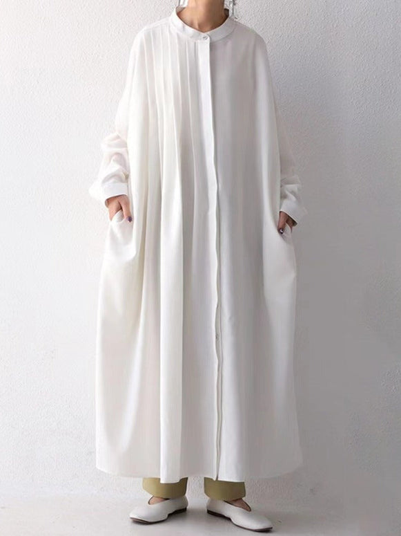 シャツワンピース レディース ロング丈 無地 スタンドカラー 長袖 プリーツ襟 ゆったり 体型カバー きれいめ 大人可愛い 上品 通勤 ナチュラルスタイル 春秋 ID1209