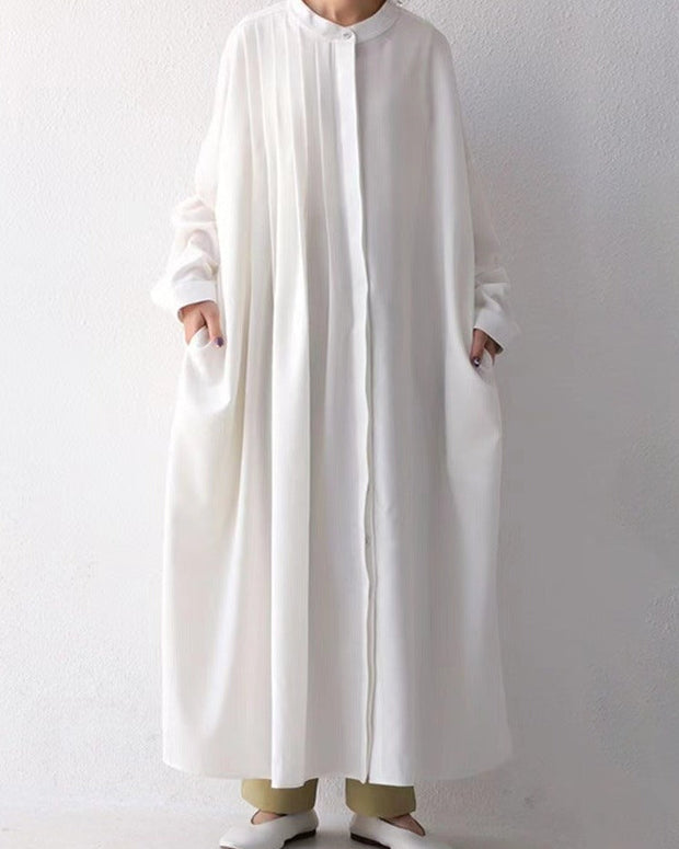 シャツワンピース レディース ロング丈 無地 スタンドカラー 長袖 プリーツ襟 ゆったり 体型カバー きれいめ 大人可愛い 上品 通勤 ナチュラルスタイル 春秋 ID1209