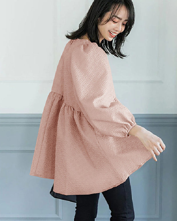 スクエアネック ブラウス レディース 長袖 バルーンスリーブ ギャザー入り シワ加工 ゆったり シンプル 無地 シャツブラウス カジュアル フェミニン 大人可愛い ナチュラル オフィス 体型カバー 着回し トップス ベーシック おしゃれ 上品 秋春 定番 ファッション ID1607