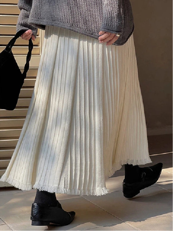 ニット プリーツ スカート レディース 体型カバー ウエストゴム ロング丈 フリンジ裾 ゆったり 上品 大人可愛い 秋冬 ボトムス 通勤 コーデ ID2281