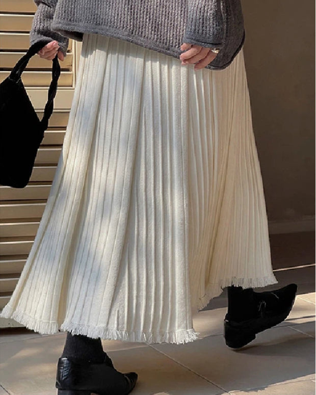ニット プリーツ スカート レディース 体型カバー ウエストゴム ロング丈 フリンジ裾 ゆったり 上品 大人可愛い 秋冬 ボトムス 通勤 コーデ ID2281