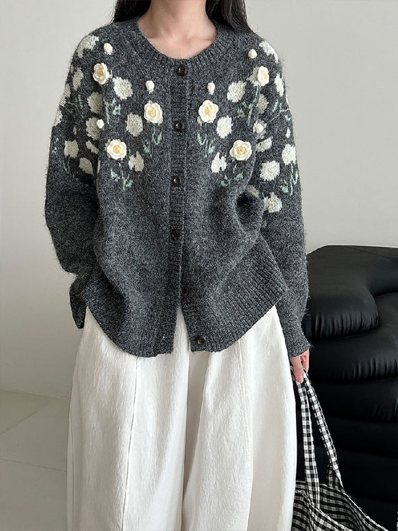 「今だけこの価格」フラワー刺繍 立体モチーフ ニットカーディガン レディース ふんわり やわらか 上品 可愛い 大人女子 おしゃれ トップス ID2300