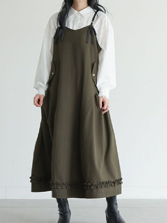 リボンキャミワンピース レディース ロング丈 ゆったり Aライン レイヤード風 体型カバー 大人可愛い フリル裾 無地 春秋コーデ 通勤 通学 デート服 ID1842