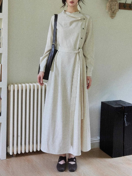 ウエストベルト付き アシンメトリー ワンピース レディース ロング丈 シンプル 上品 大人可愛い きれいめ 通勤 デート 秋冬 新作 ID2038