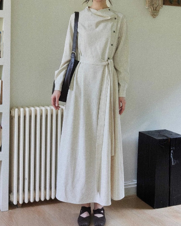 ウエストベルト付き アシンメトリー ワンピース レディース ロング丈 シンプル 上品 大人可愛い きれいめ 通勤 デート 秋冬 新作 ID2038