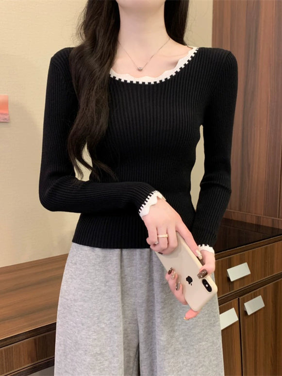 リブニット トップス レディース 長袖 レース風トリム 伸縮性 インナー シンプル 体型フィット 秋冬 重ね着 コーデしやすい きれいめ 大人カジュアル デイリー 通勤 通学 防寒インナー ID2223