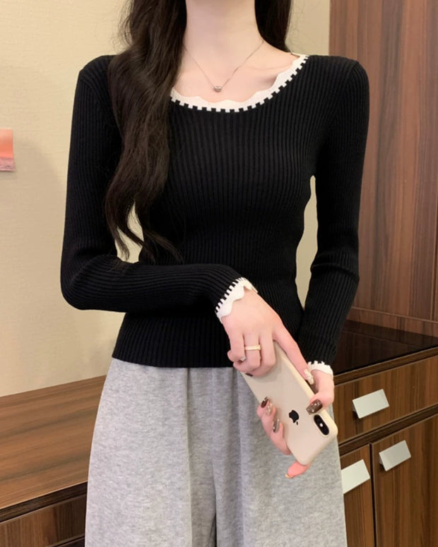 リブニット トップス レディース 長袖 レース風トリム 伸縮性 インナー シンプル 体型フィット 秋冬 重ね着 コーデしやすい きれいめ 大人カジュアル デイリー 通勤 通学 防寒インナー ID2223