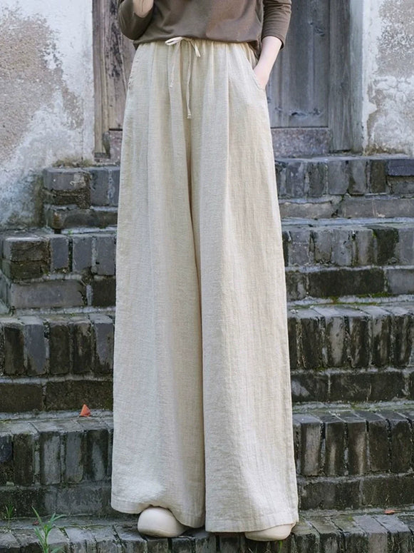 綿麻 ワイドパンツ レディース ゆったり ストレートパンツ 涼しい ウエストゴム 体型カバー カジュアル 春夏秋 通勤ナチュラルパンツ ID1038