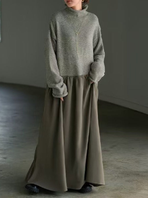 異素材切り替え ニット ワンピース レディース 長袖 ロング丈 ハイネック ゆったり シンプル きれいめ 体型カバー 上品 大人可愛い 秋冬 新作 通勤 通学 デイリー コーデ ID1892