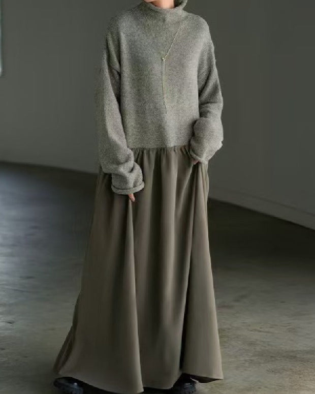 異素材切り替え ニット ワンピース レディース 長袖 ロング丈 ハイネック ゆったり シンプル きれいめ 体型カバー 上品 大人可愛い 秋冬 新作 通勤 通学 デイリー コーデ ID1892
