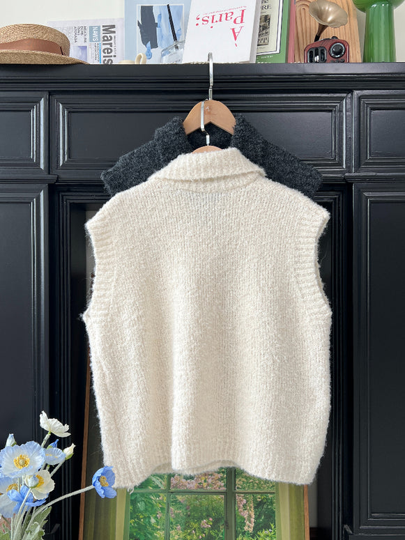 2色展開 立ち襟 ニット ベスト レディース 前ボタン ゆったり 体型カバー レイヤードコーデ 秋冬 おしゃれ カジュアル シンプル アウターベスト ふわもこ 防寒 デイリーに使える 大人女子 ニットジレ ID2318