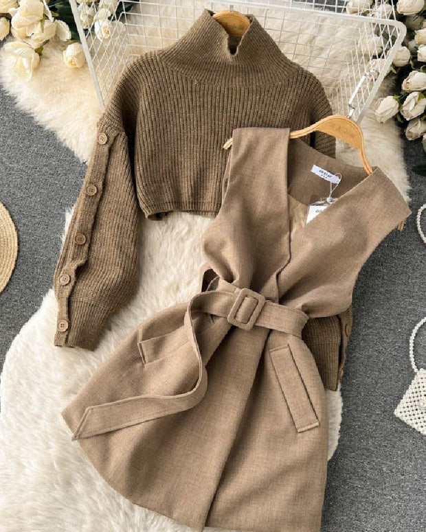 3色展開 レディース 2点セット ハイネック ニット セーター + ジャンパースカート ワンピース おしゃれ 重ね着風 通勤 デート 体型カバー 秋冬 ID1519