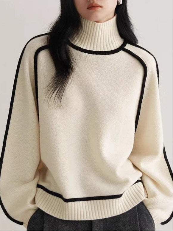 「今年最後の大チャンス」タートルネック ニット レディース 配色 ライン デザイン ゆったり シルエット 上品 シンプル 大人カジュアル 暖かい 秋冬 新作 ID2137