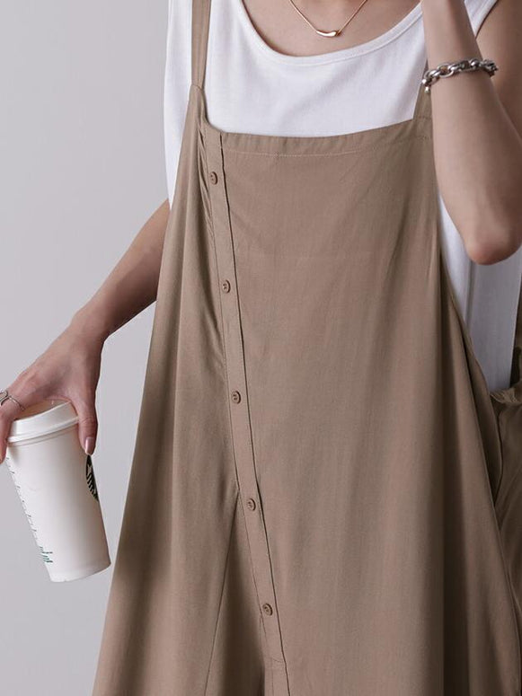 【579】[今だけ特価·買わなきゃ損！] 4色展開 ワイドパンツ サロペット レディース パンツドレス 肩紐調節可 前開き ボタンデザイン 脚口スリット ゆったり体型カバー 大人カジュアル 部屋着/外出