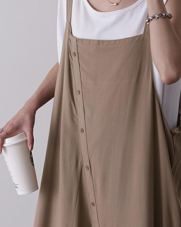 【579】[今だけ特価·買わなきゃ損！] 4色展開 ワイドパンツ サロペット レディース パンツドレス 肩紐調節可 前開き ボタンデザイン 脚口スリット ゆったり体型カバー 大人カジュアル 部屋着/外出