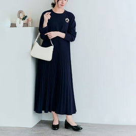プリーツ ワンピース レディース 長袖 ロング丈 Aライン 体型カバー 上品 エレガント 通勤 フォーマル きれいめ 秋冬 新作 ID2126