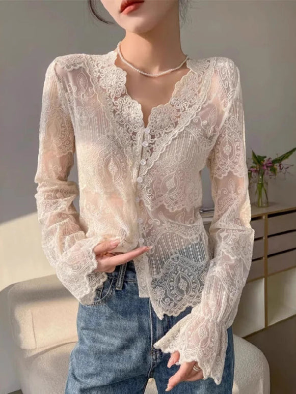Vネック レース ブラウス レディース 長袖 シースルー 透け感 インナー トップス エレガント フェミニン おしゃれ 重ね着 高級感 大人女子 カジュアル ID1546