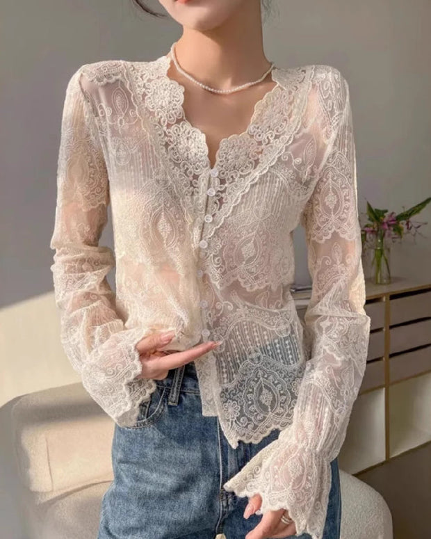 Vネック レース ブラウス レディース 長袖 シースルー 透け感 インナー トップス エレガント フェミニン おしゃれ 重ね着 高級感 大人女子 カジュアル ID1546