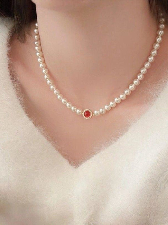 3点セット 赤色ジルコン パール ネックレス リング ブレスレット レディース 上品 高級感 ギフト ID1579