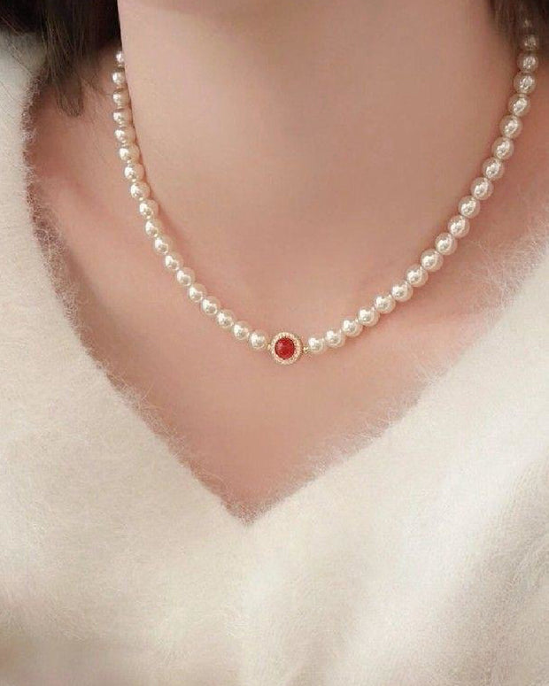 3点セット 赤色ジルコン パール ネックレス リング ブレスレット レディース 上品 高級感 ギフト ID1579