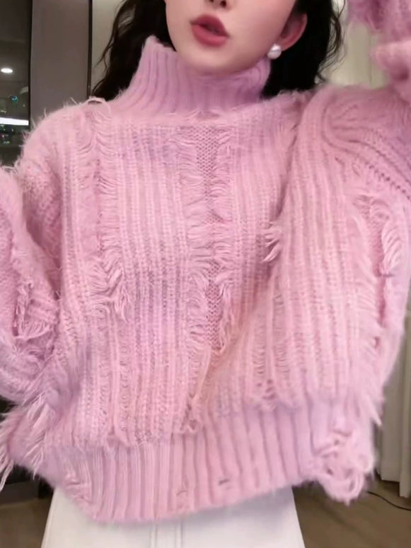 タートルネック フリンジ ニット セーター レディース ゆったり ふわふわ 暖かい 可愛い 秋冬 トップス ID2280