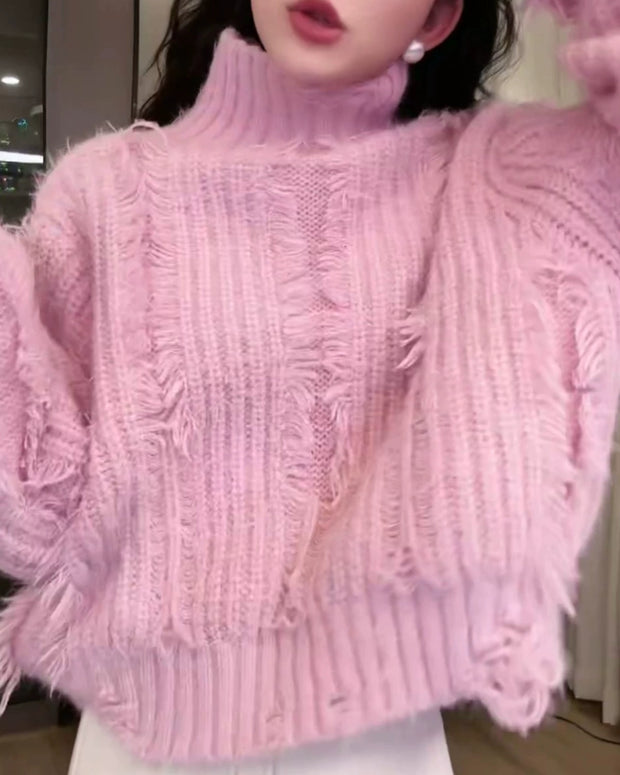 タートルネック フリンジ ニット セーター レディース ゆったり ふわふわ 暖かい 可愛い 秋冬 トップス ID2280