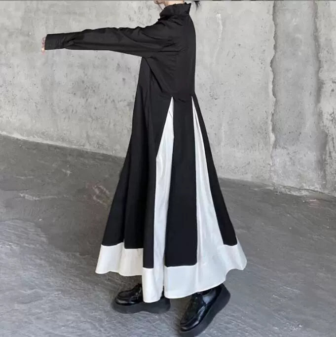 ID85 One-piece dress, long sleeves, monotone color scheme, switching, flare, simple, clean-cut, elegant, plain, comfortable, stylish, fashionable 