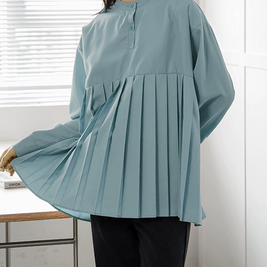 ID131 Shirt, Loose Fit, Plain, Pleated Design, Mid-Length, Layered, Simple, Stylish, Clean, Feminine, Casual 