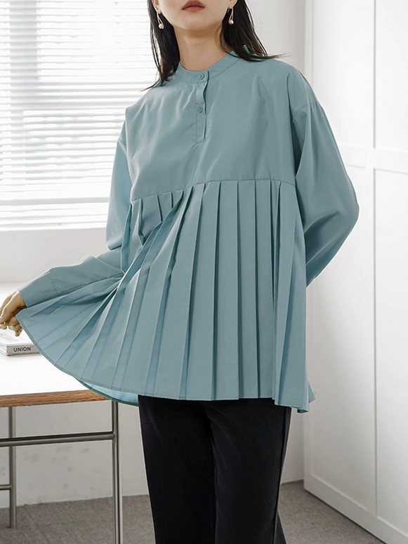 ID131 Shirt, Loose Fit, Plain, Pleated Design, Mid-Length, Layered, Simple, Stylish, Clean, Feminine, Casual 