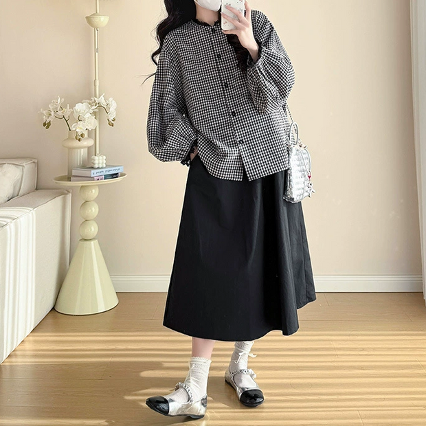 ID109 One-piece set Check pattern shirt Black skirt Elastic waist Adjustable Loose fit Casual style Figure coverage Daily coordination Stylish Versatile 