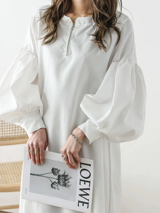 ID102 One-piece dress, zipper neck, puff sleeve, long sleeve dress, work wear, elegant, simple, long dress 