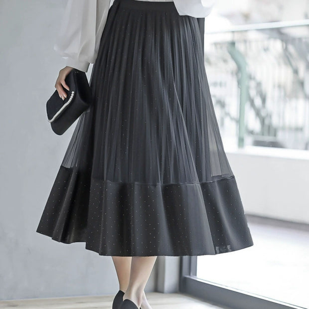 ID78 Skirt Rhinestones Sparkly Pleats Elastic Waist Flare Shiny Elegant Simple Relaxed Three-dimensional Feminine Design Casual Trend Fashion 