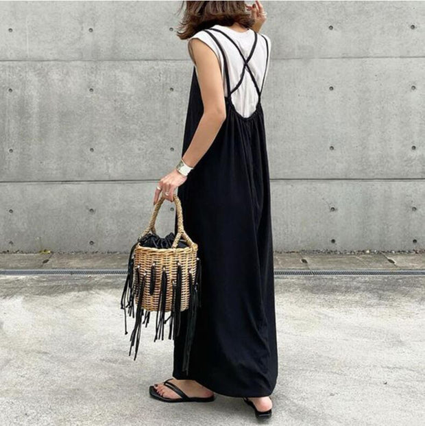 ワンピース ロング丈 クルーネック キャミソール バックリボン ノースリーブ 無地 Aライン シンプル カジュアル おしゃれ きれいめ系 デイリーコーデ ID255